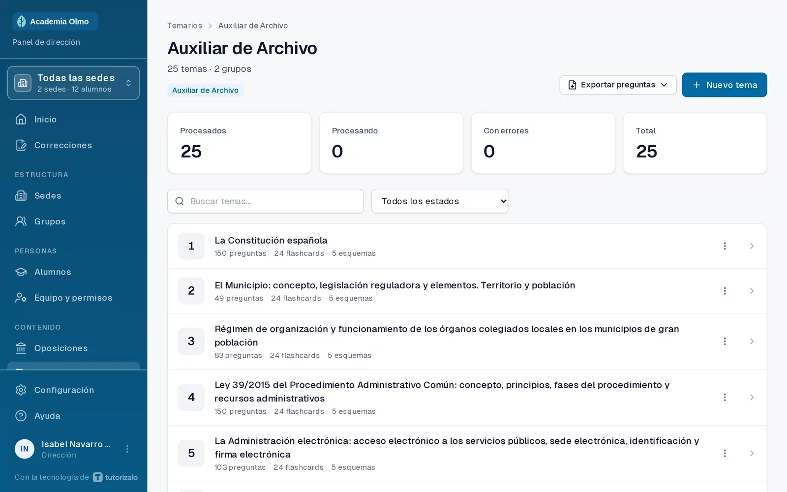 Listado de los 25 temas del temario de Auxiliar de Archivo de Academia Olmo, numerados y publicados