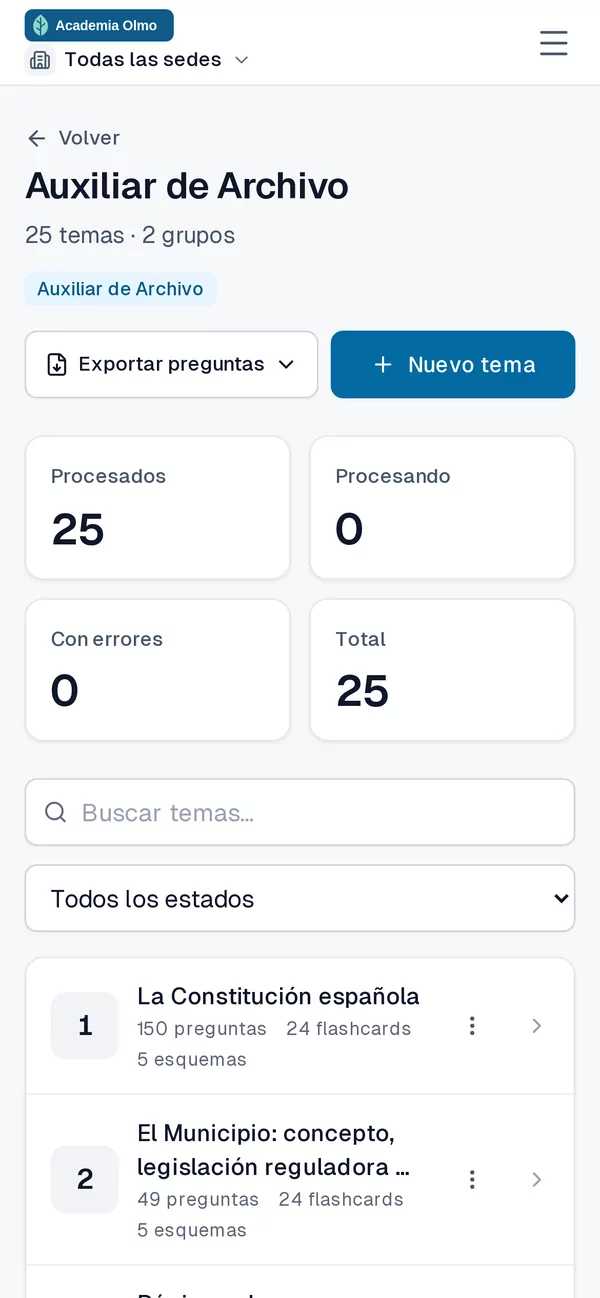 Temario de Auxiliar de Archivo de Academia Olmo en el móvil: resumen de 25 temas procesados y el comienzo del listado